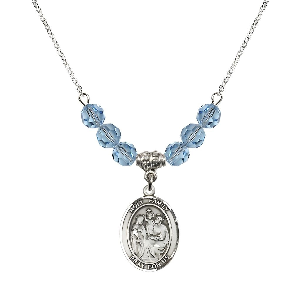 Bliss Holy Family Beaded Necklace with Sterling Silver Medal, 6mm Austrian Crystal Aqua Beads for March