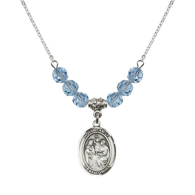 Holy Family Beaded Necklace with Sterling Silver Medal, 6mm Austrian Crystal Aqua Beads for March, Bliss Manufacturing