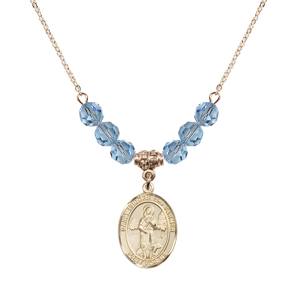 Bliss St. Isidore the Farmer Oval 14kt Gold-filled 6mm Aqua Austrian Crystal Beaded Necklace, Measures 3/4 inch tall by 1/2-inch wide, Gift Box.