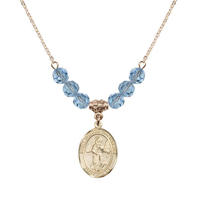 St. Isidore the Farmer Oval 14kt Gold-filled 6mm Aqua Austrian Crystal Beaded Necklace, Measures 3/4 inch tall by 1/2-inch wide, Gift Box, Bliss Manufacturing