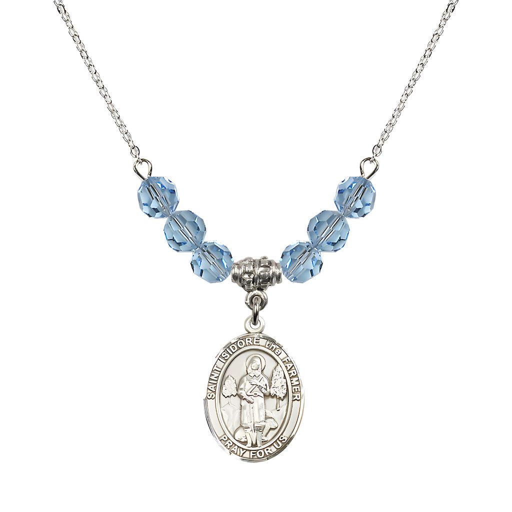 Bliss St. Isidore the Farmer Oval Sterling Silver 6mm Aqua Austrian Crystal Beaded Necklace, Measures 3/4 inch tall by 1/2-inch wide, Gift Box.