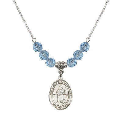 St. Isidore the Farmer Oval Sterling Silver 6mm Aqua Austrian Crystal Beaded Necklace, Measures 3/4 inch tall by 1/2-inch wide, Gift Box, Bliss Manufacturing