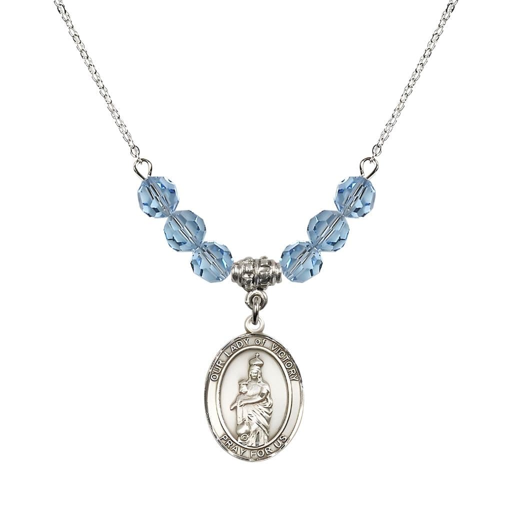 Bliss Our Lady of Victory Sterling Silver 6mm Aqua Austrian Crystal Beaded Necklace with Plated Chain