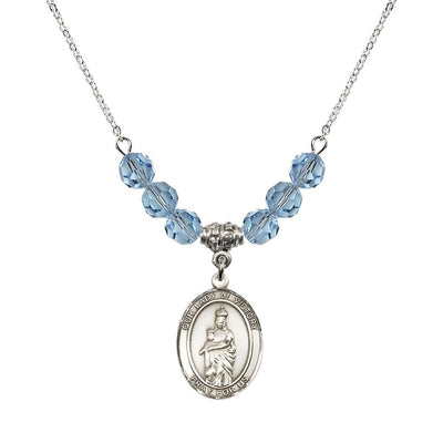 Our Lady of Victory Sterling Silver 6mm Aqua Austrian Crystal Beaded Necklace with Plated Chain, Bliss Manufacturing