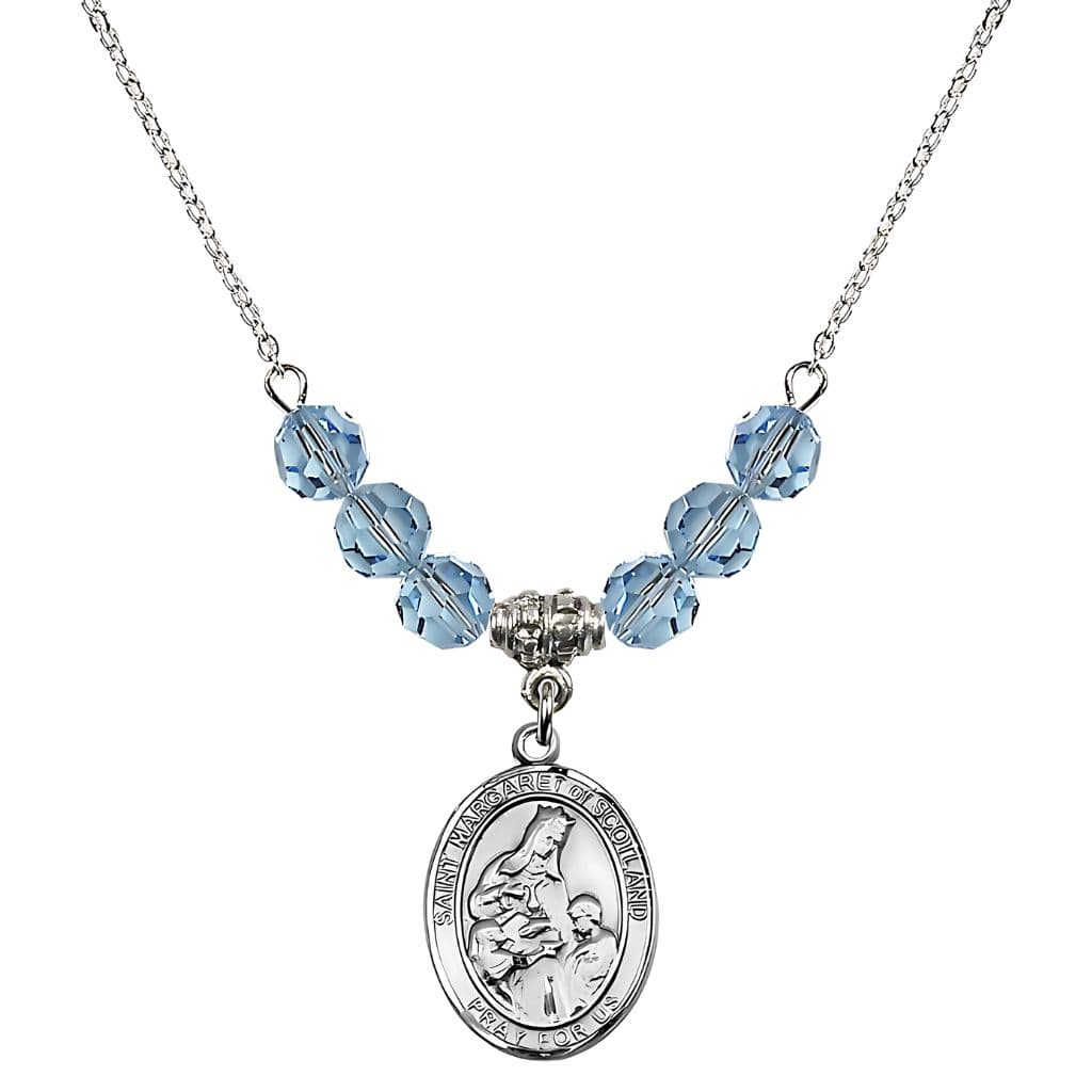 Bliss St. Margaret of Scotland Sterling Silver Crystal Birthstone Bead Necklace in Aqua,