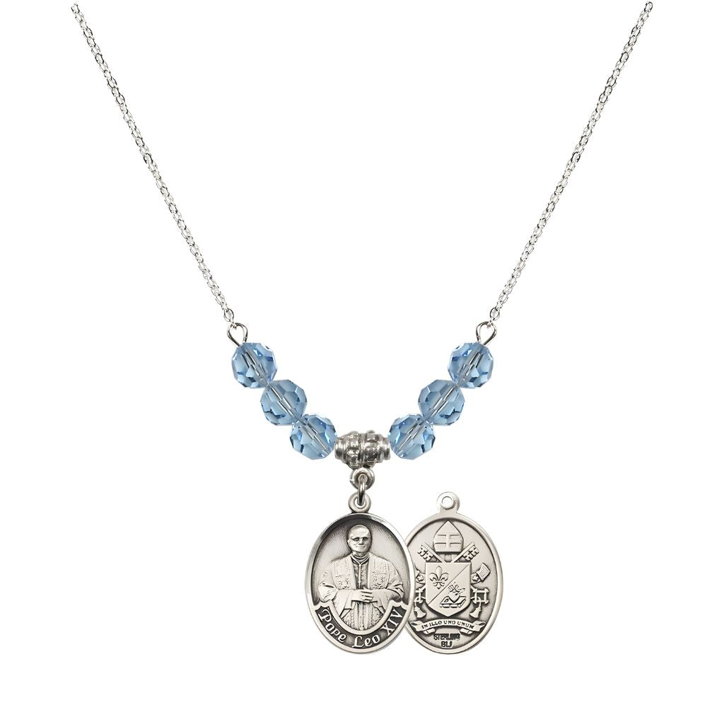 Bliss Pope Leo XIV Crystal Sterling Silver Medal Beaded Necklace with Aqua Blue Beads,