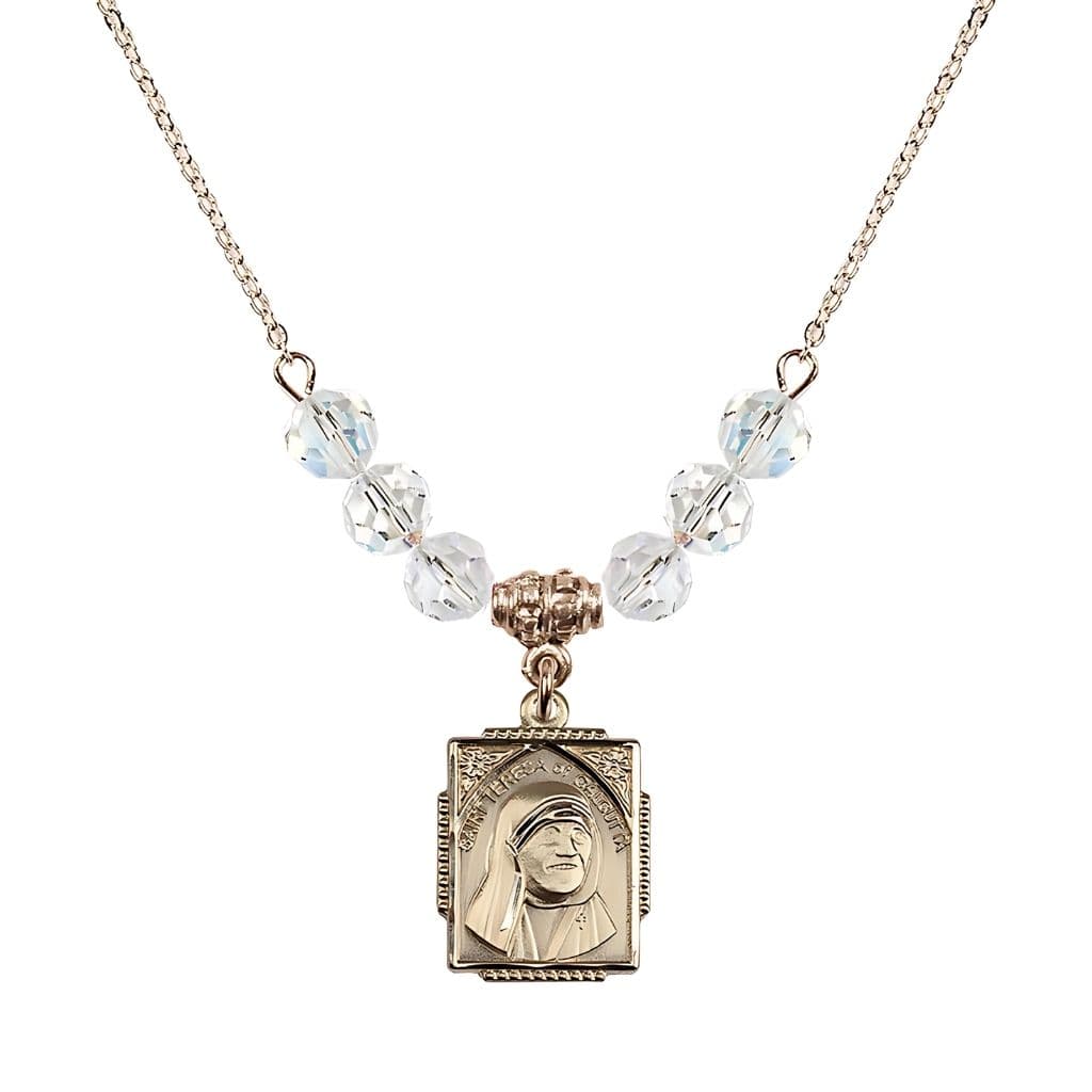 Bliss St. Teresa of Calcutta Square 14kt Gold-filled Clear Crystal Birthstone Necklace,