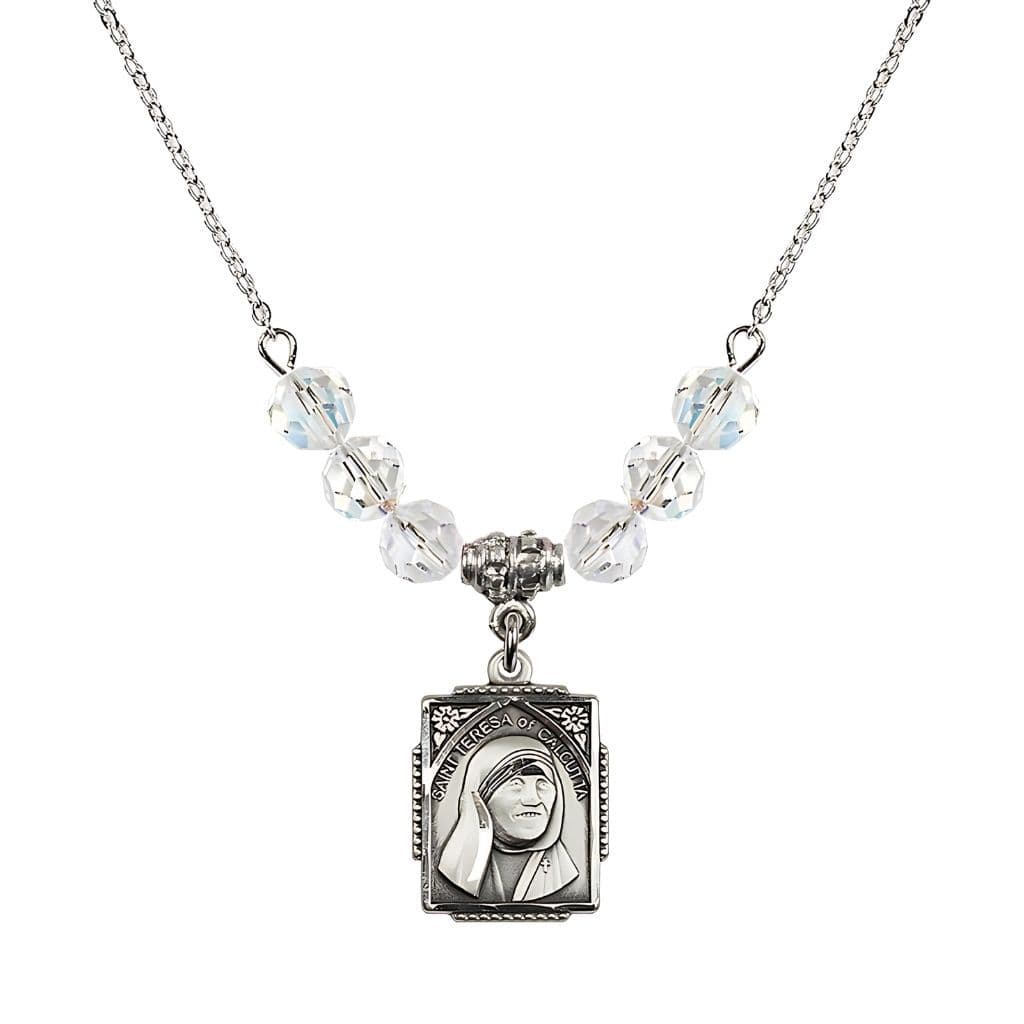 Bliss St. Teresa of Calcutta Square Sterling Silver Clear Crystal Birthstone Necklace,