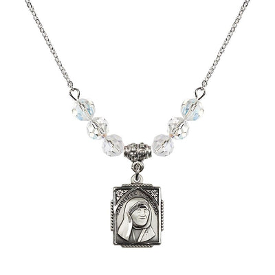 St. Teresa of Calcutta Square Sterling Silver Clear Crystal Birthstone Necklace, Bliss Manufacturing