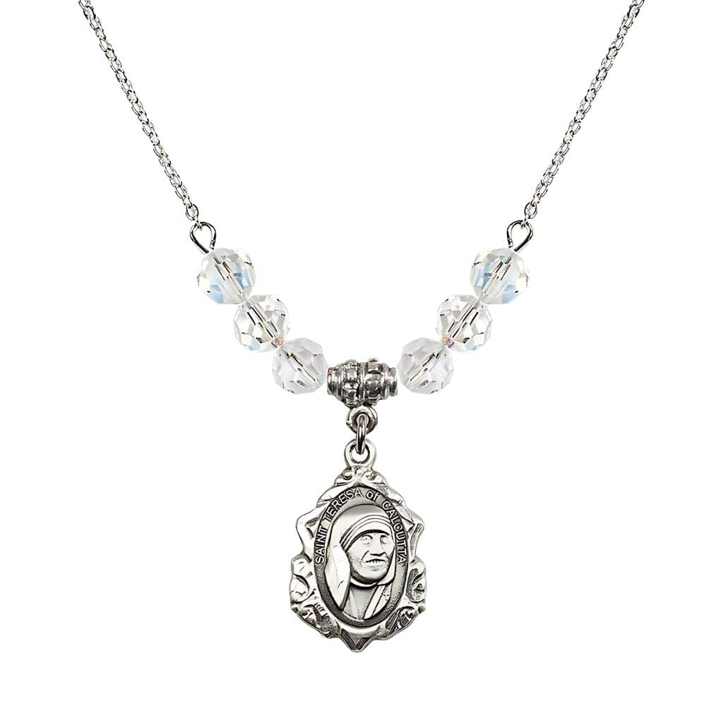 Bliss St. Teresa of Calcutta Sterling Silver Crystal Birthstone Necklace with 6mm Clear Crystal Beads