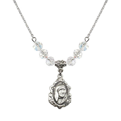 St. Teresa of Calcutta Sterling Silver Crystal Birthstone Necklace with 6mm Clear Crystal Beads, Bliss Manufacturing
