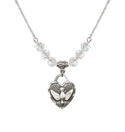 Dove Confirmation Heart Medal with 6mm Clear Crystal Bead Necklace, 3/4 inch tall by 5/8 inch wide, Bliss Manufacturing