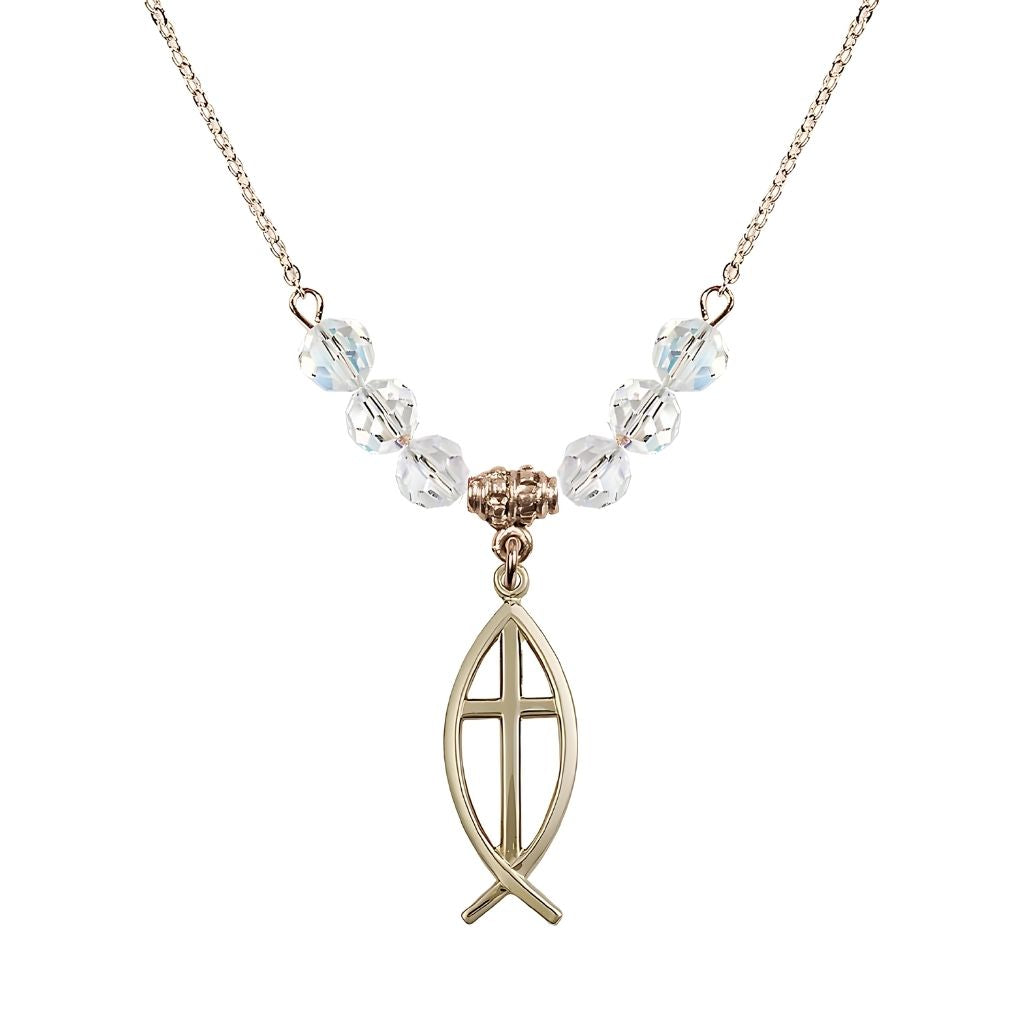 Bliss Fish Cross Crystal Clear Birthstone Necklace with 18" Chain, Medal 1",