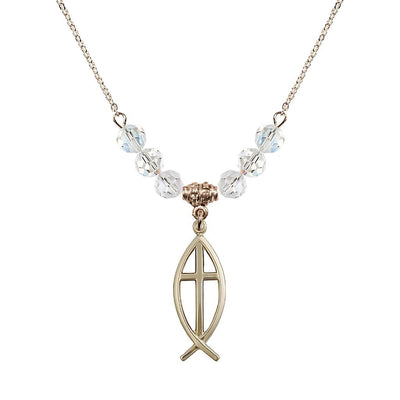 Fish Cross Crystal Clear Birthstone Necklace with 18" Chain, Medal 1", Bliss Manufacturing