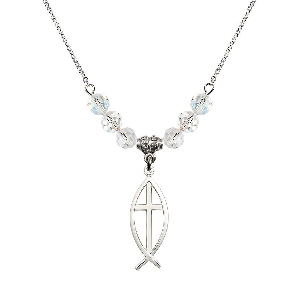 Bliss Fish Cross Crystal Birthstone Necklace with 18-inch Chain in Clear, Medal 1 inch tall by 3/8 inch wide
