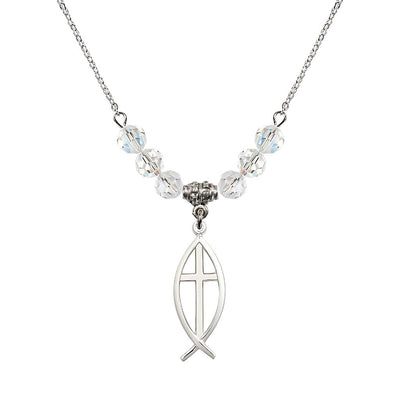 Fish Cross Crystal Birthstone Necklace with 18-inch Chain in Clear, Medal 1 inch tall by 3/8 inch wide, Bliss Manufacturing