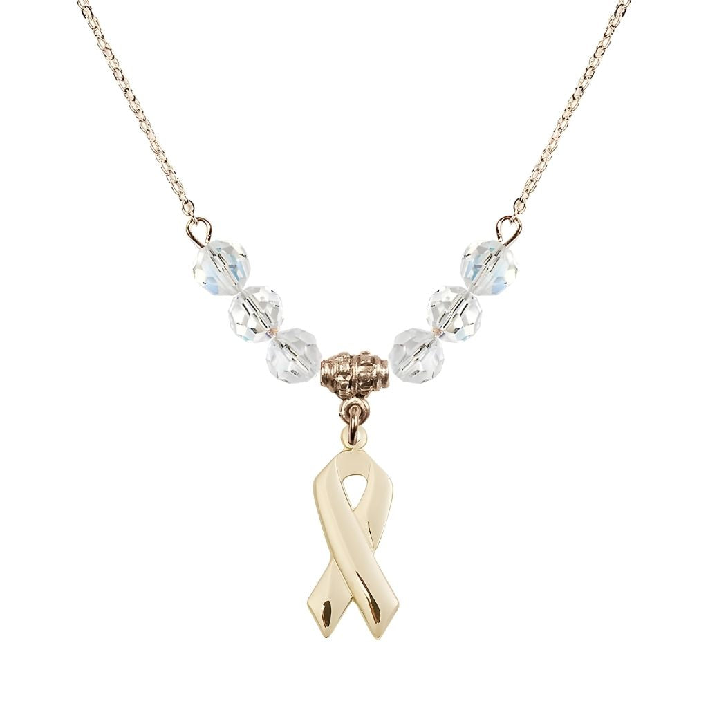 Bliss 14kt Gold-filled Cancer Awareness Ribbon Clear Birthstone Crystal Beaded Necklace, Charm Measures 7/8 inch tall by 3/8 inch wide