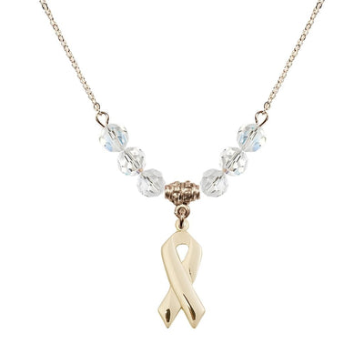 14kt Gold-filled Cancer Awareness Ribbon Clear Birthstone Crystal Beaded Necklace, Charm Measures 7/8 inch tall by 3/8 inch wide, Bliss Manufacturing