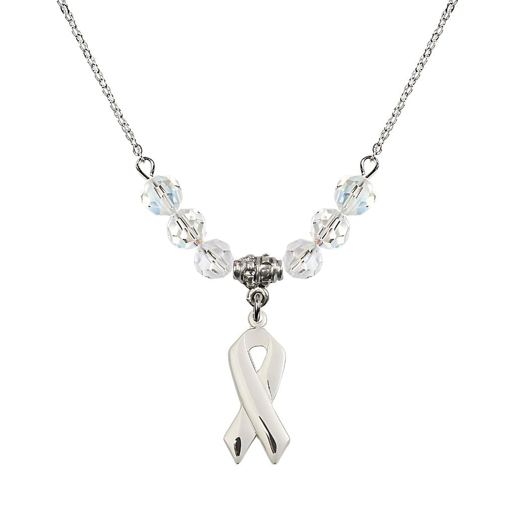 Bliss Sterling Silver Cancer Awareness Ribbon Clear Birthstone Crystal Beaded Necklace, Charm Measures 7/8 inch tall by 3/8 inch wide