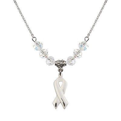 Sterling Silver Cancer Awareness Ribbon Clear Birthstone Crystal Beaded Necklace, Charm Measures 7/8 inch tall by 3/8 inch wide, Bliss Manufacturing