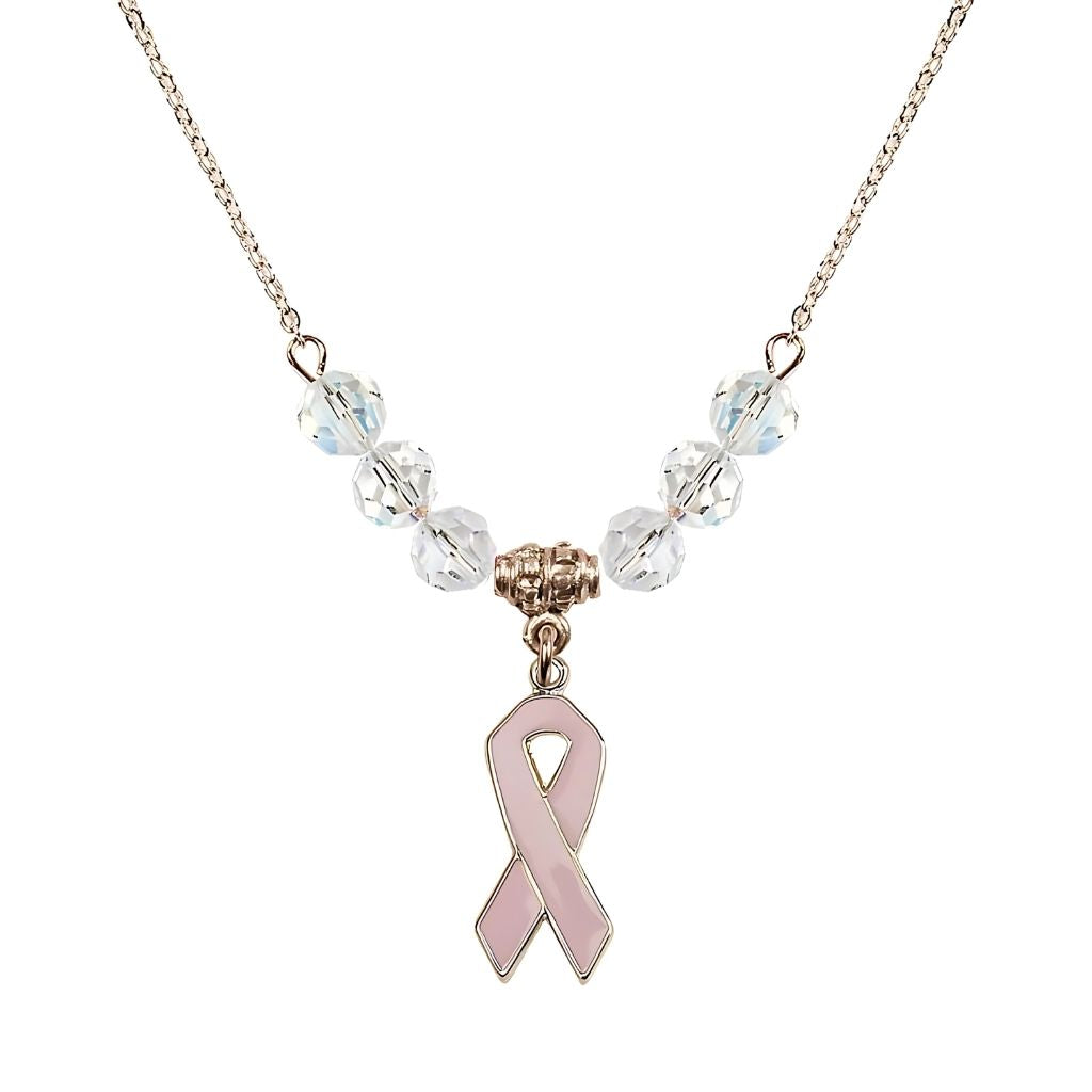Bliss Gold-filled Breast Cancer Awareness Pink Ribbon Clear Crystal Beaded Necklace, Measures 7/8-inch tall by 1/4-inch wide