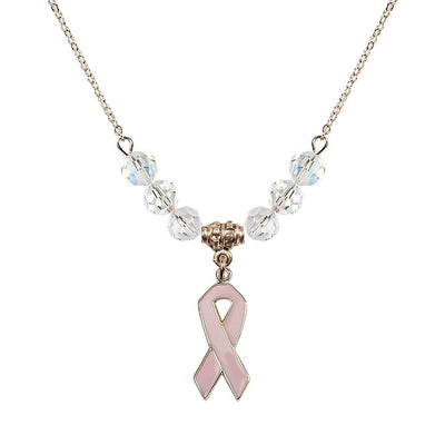 Gold-filled Breast Cancer Awareness Pink Ribbon Clear Crystal Beaded Necklace, Measures 7/8-inch tall by 1/4-inch wide, Bliss Manufacturing