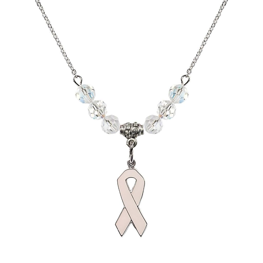 Bliss Sterling Silver Breast Cancer Awareness Pink Ribbon Clear Crystal Beaded Necklace, Measures 7/8-inch tall by 1/4-inch wide