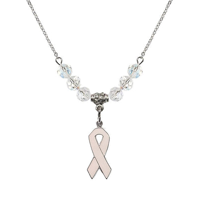 Sterling Silver Breast Cancer Awareness Pink Ribbon Clear Crystal Beaded Necklace, Measures 7/8-inch tall by 1/4-inch wide, Bliss Manufacturing