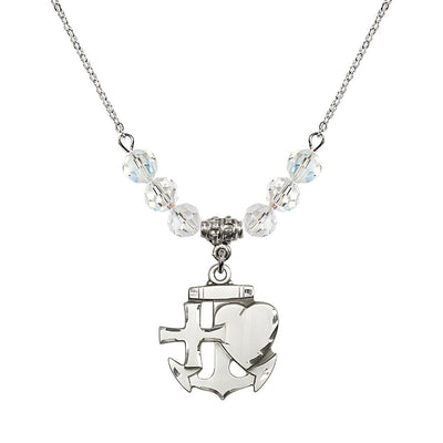 Christian Faith, Hope and Charity Sterling Silver 6mm Clear Crystal Birthstone Necklace, Medal Measures 7/8-inch tall by 3/4-inch wide, Bliss Manufacturing