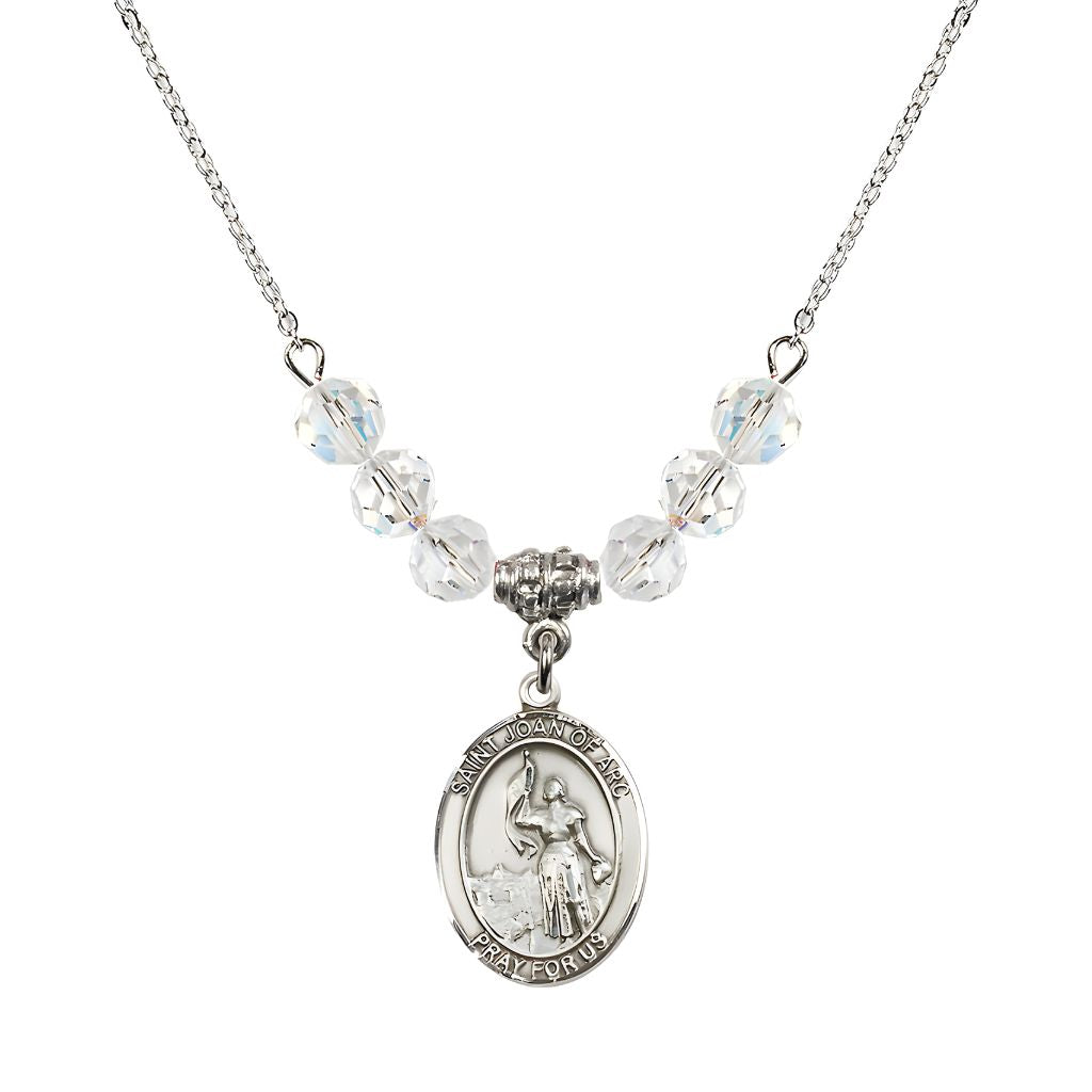 Bliss St. Joan of Arc Oval Sterling Silver 6mm Clear Crystal Austrian Crystal Beaded Necklace, Measures 3/4 inch tall by 1/2-inch wide, Gift Box.