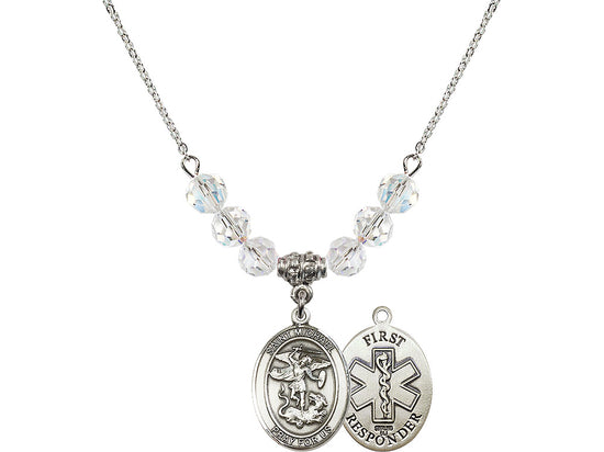 Bliss 1st Responder St Michael Sterling Silver Beaded Necklace in Crystal,