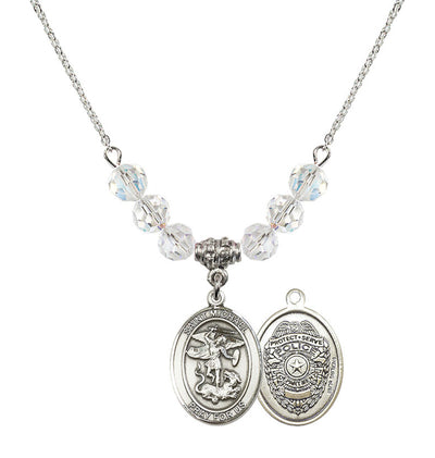 Police Officers St. Michael Sterling Silver 6mm Clear Crystal Beaded Necklace, Measures 3/4 inch tall by 1/2-inch wide, Gift Box, Bliss Manufacturing