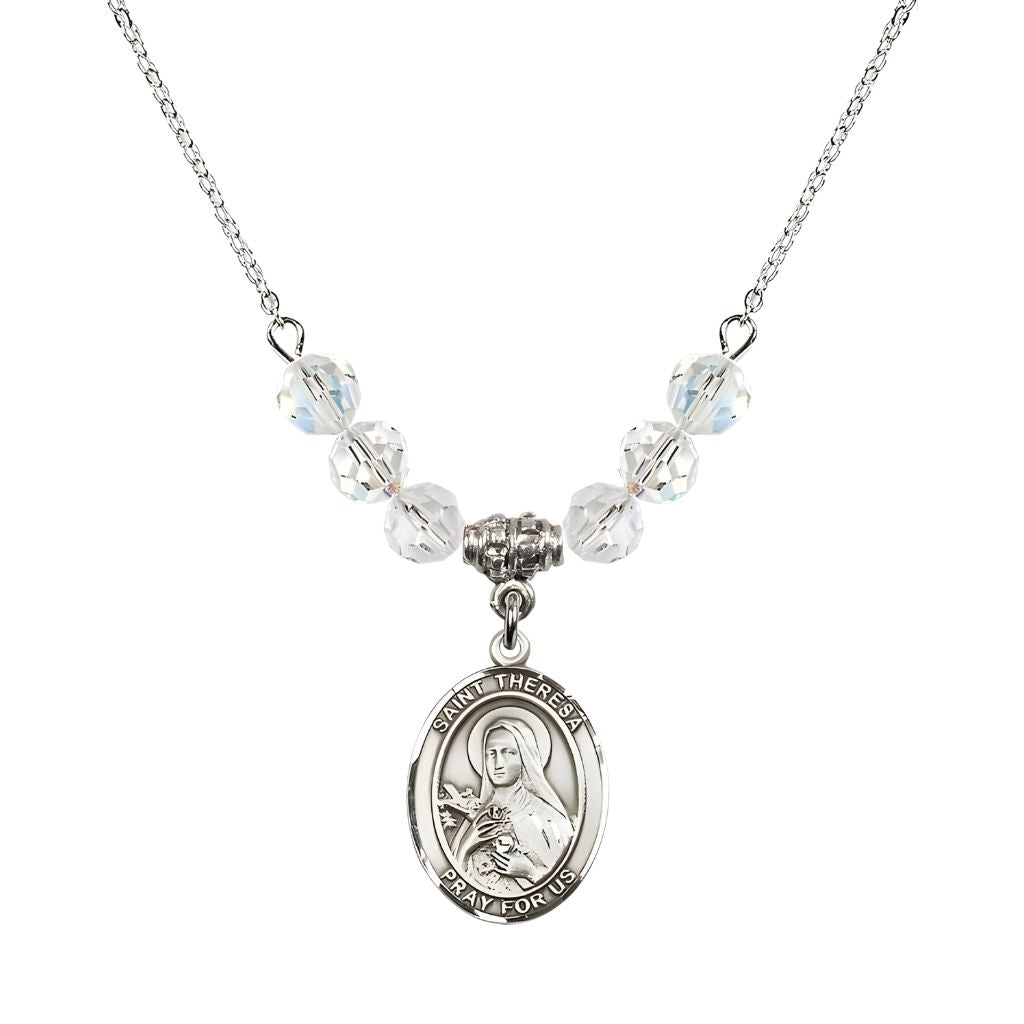Bliss St. Theresa Sterling Silver Crystal Necklace, handcrafted in the USA, Birthstone 6mm Austrian Crystals in Clear
