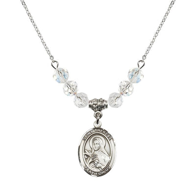 St. Theresa Sterling Silver Crystal Necklace, handcrafted in the USA, Birthstone 6mm Austrian Crystals in Clear, Bliss Manufacturing