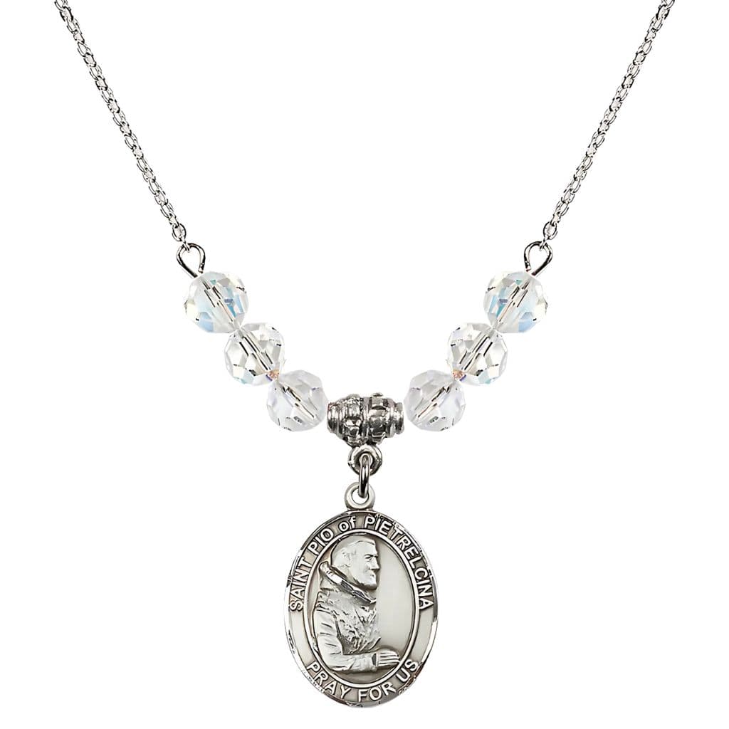 Bliss Sterling Silver St. Padre Pio of Pietrelcina Clear Crystal Birthstone Necklace