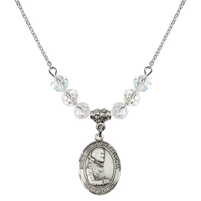 Sterling Silver St. Padre Pio of Pietrelcina Clear Crystal Birthstone Necklace, Bliss Manufacturing