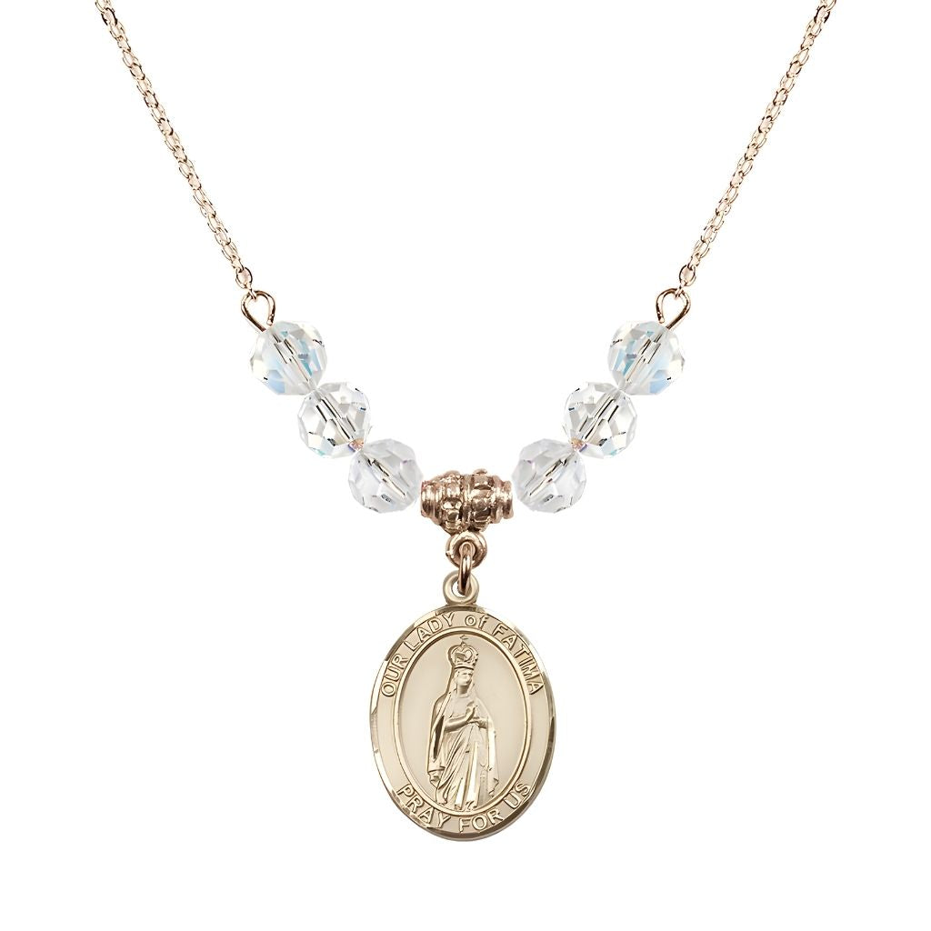 Bliss Our Lady of Fatima Gold-filled 6mm Clear Crystal Beaded Necklace, Measures 3/4 inch tall by 1/2-inch wide, Gift Box