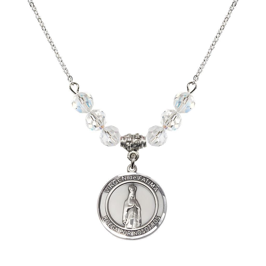 Bliss Virgen de Fatima Round Sterling Silver 6mm Clear Crystal Beaded Necklace, Measures 3/4 inch tall by 1/2-inch wide, Gift Box
