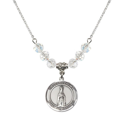 Virgen de Fatima Round Sterling Silver 6mm Clear Crystal Beaded Necklace, Measures 3/4 inch tall by 1/2-inch wide, Gift Box, Bliss Manufacturing