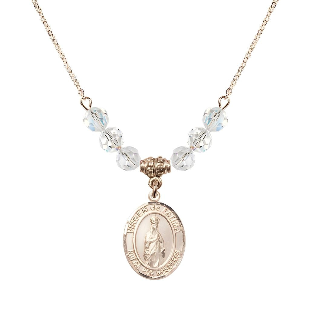 Bliss Virgen de Fatima 14kt Gold-filled 6mm Clear Crystal Beaded Necklace, Measures 3/4 inch tall by 1/2-inch wide, Gift Box