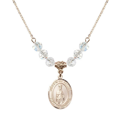 Virgen de Fatima 14kt Gold-filled 6mm Clear Crystal Beaded Necklace, Measures 3/4 inch tall by 1/2-inch wide, Gift Box, Bliss Manufacturing