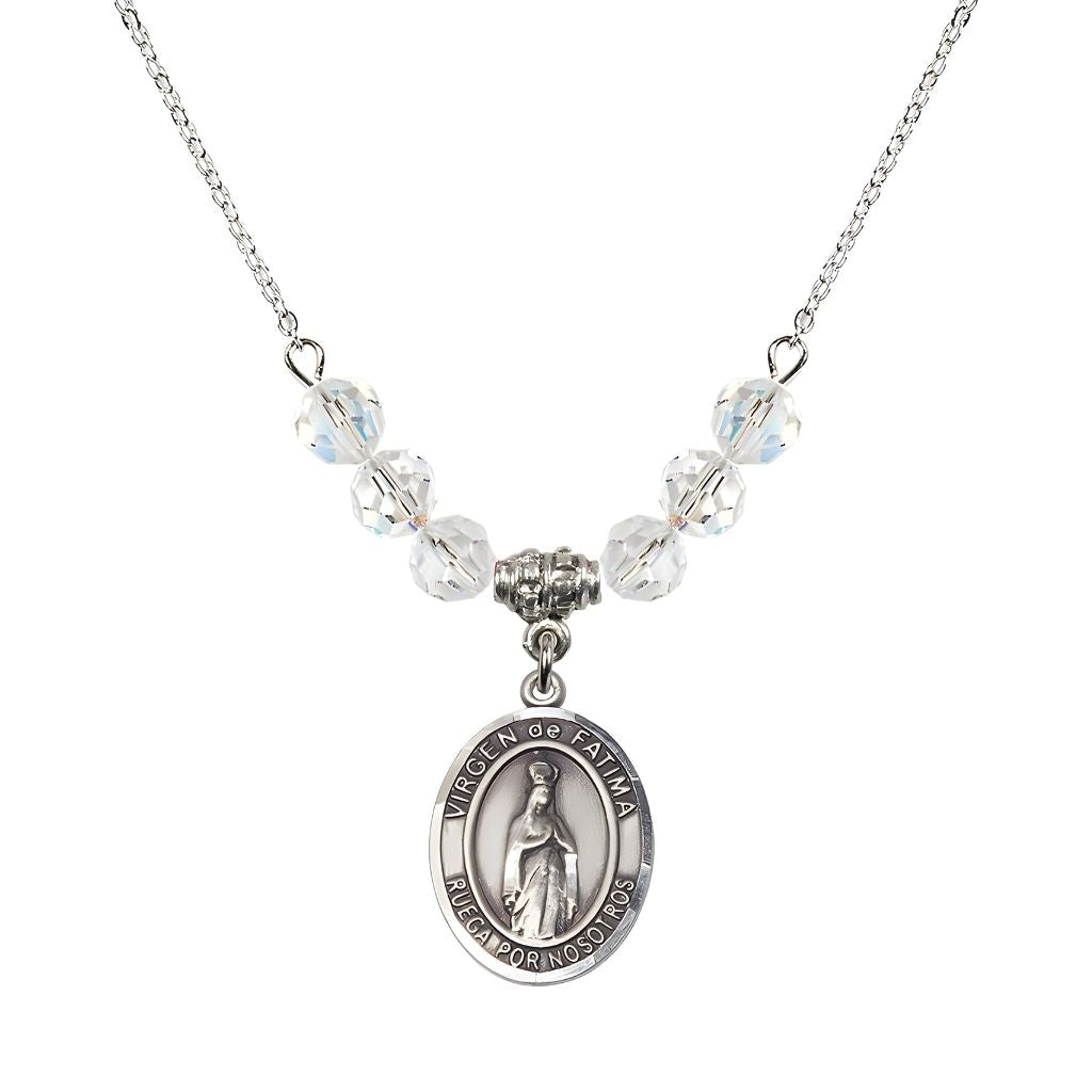 Bliss Virgen de Fatima Oval Sterling Silver 6mm Clear Crystal Beaded Necklace, Measures 3/4 inch tall by 1/2-inch wide, Gift Box