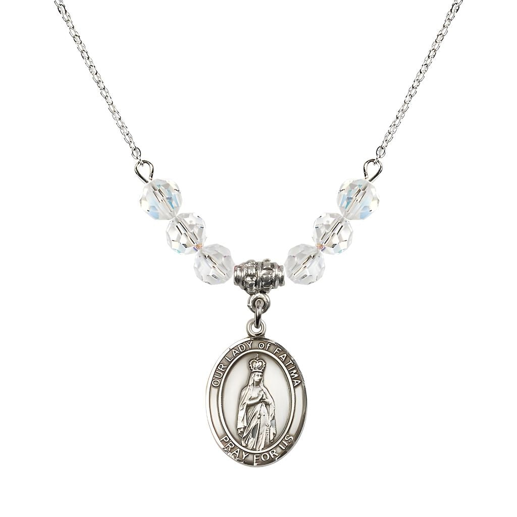 Bliss Our Lady of Fatima Sterling Silver 6mm Clear Crystal Beaded Necklace, Measures 3/4 inch tall by 1/2-inch wide, Gift Box