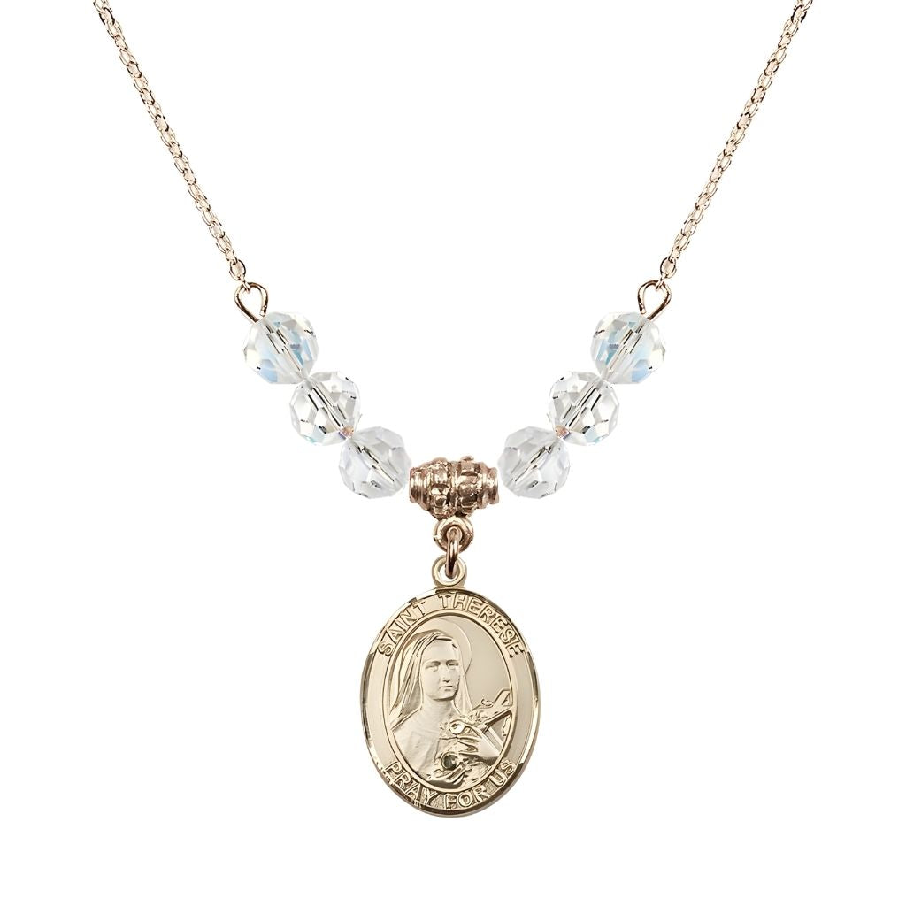 Bliss St. Therese of Lisieux Gold-filled Birthstone Necklace with 6mm Austrian crystal in clear beads