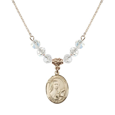 St. Therese of Lisieux Gold-filled Birthstone Necklace with 6mm Austrian crystal in clear beads, Bliss Manufacturing