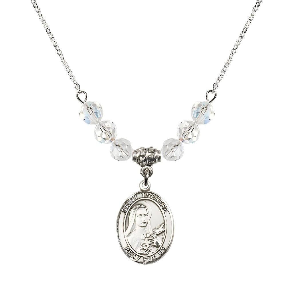 Bliss St. Therese of Lisieux Sterling Silver Medal and Birthstone 6mm Clear Crystal Necklace