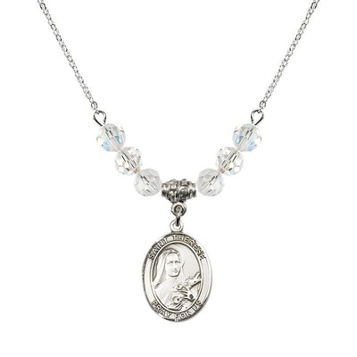 St. Therese of Lisieux Sterling Silver Medal and Birthstone 6mm Clear Crystal Necklace, Bliss Manufacturing