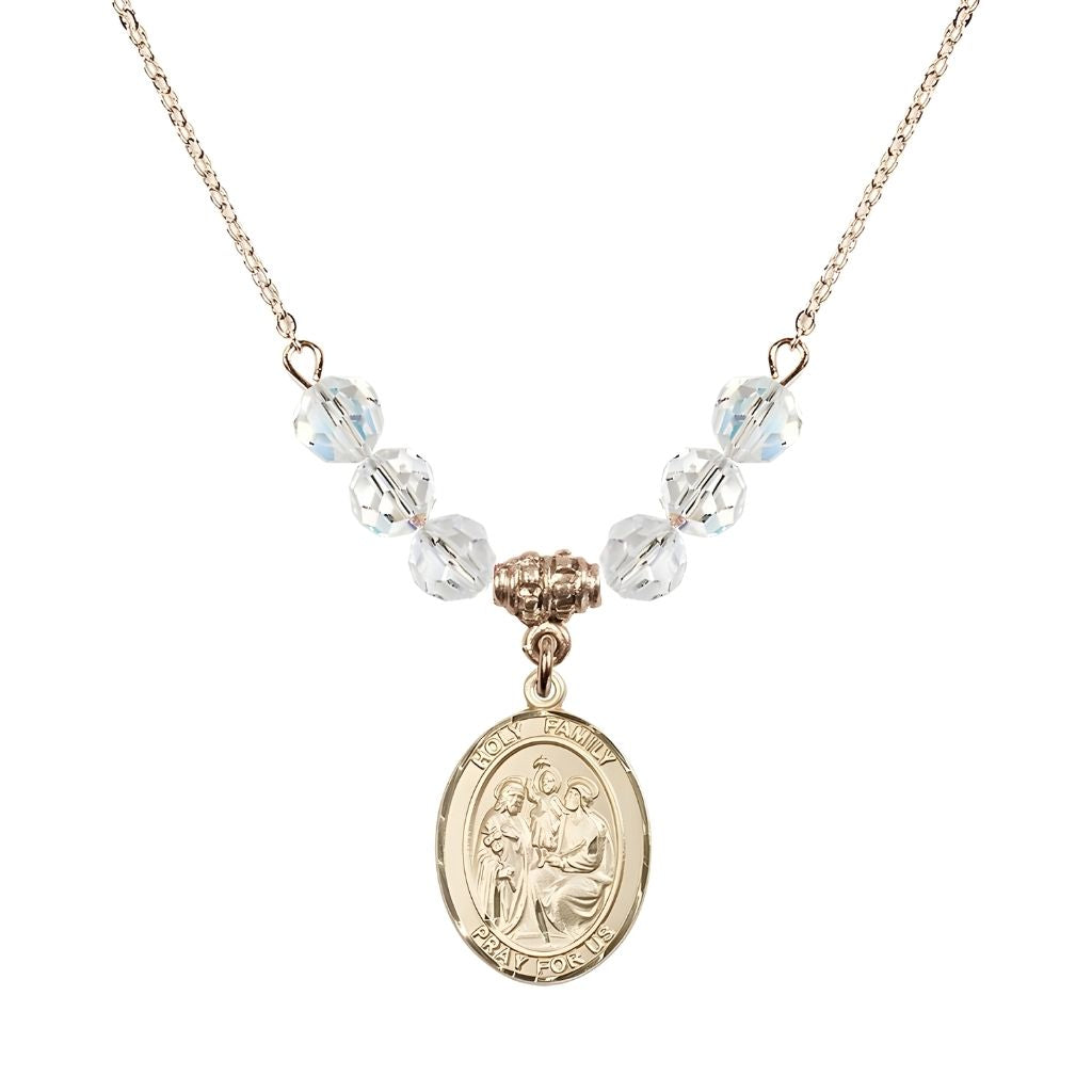 Bliss Holy Family Beaded Necklace with Gold-filled Medal, 6mm Austrian Crystal Clear Crystal Beads for April