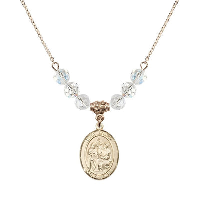 Holy Family Beaded Necklace with Gold-filled Medal, 6mm Austrian Crystal Clear Crystal Beads for April, Bliss Manufacturing