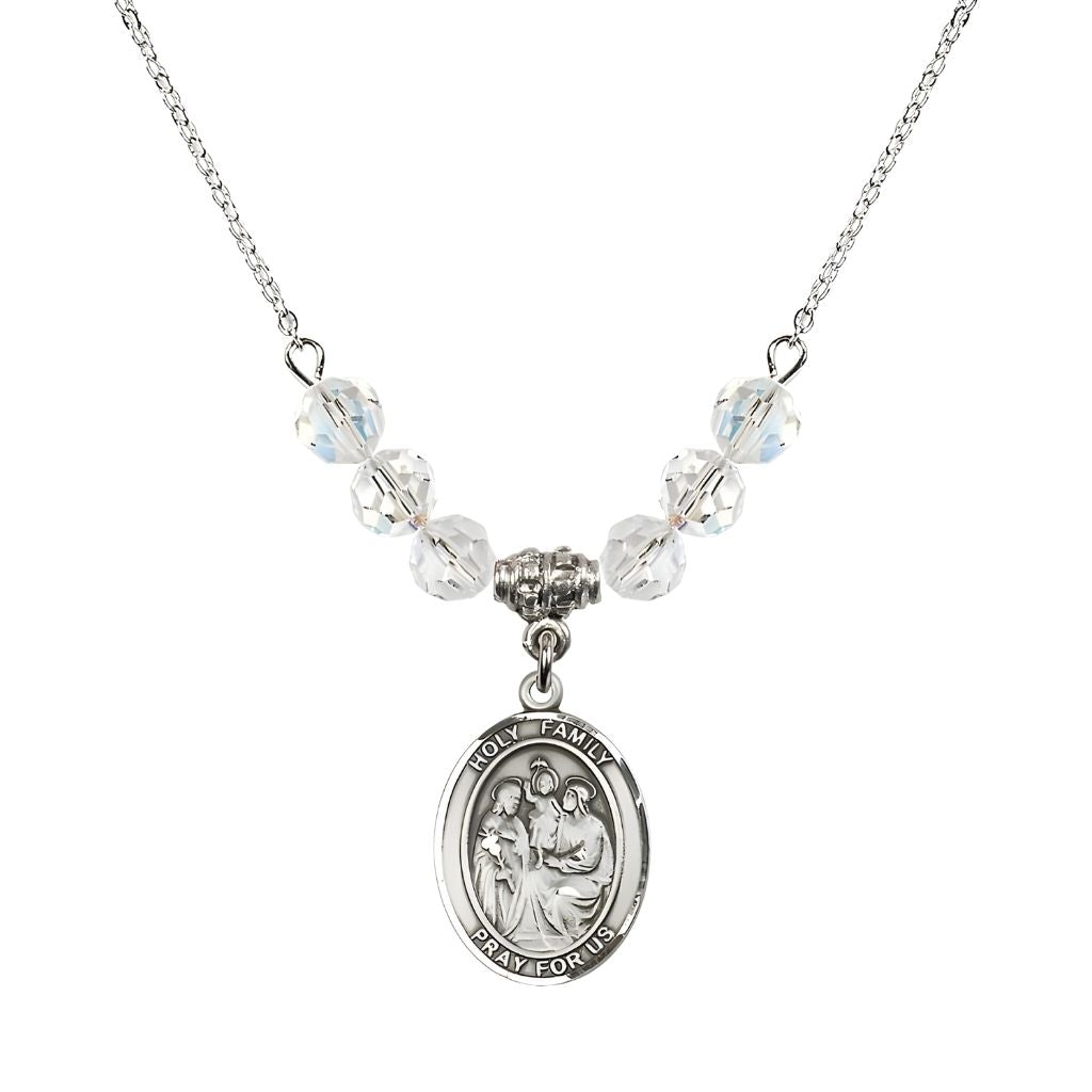 Bliss Holy Family Beaded Necklace with Sterling Silver Medal, 6mm Austrian Crystal Clear Crystal Beads for April